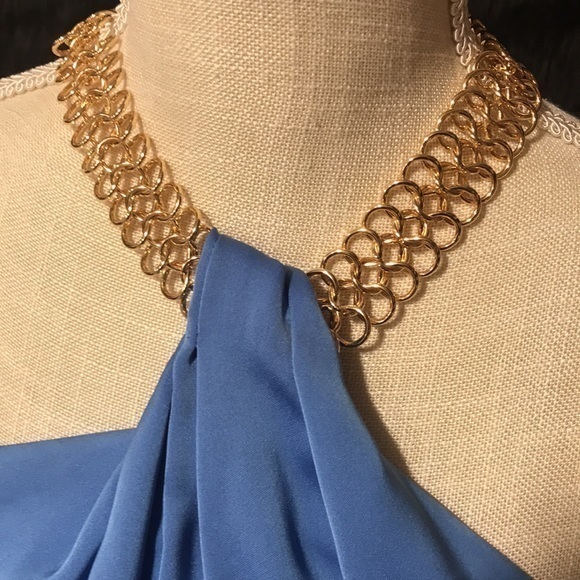 Ramy Brook size xxs blue sleeveless halter top with‎ gold chain A102 - Picture 5 of 7